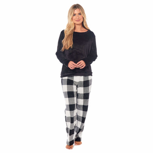 Daisy Dreamer Women's Buffalo Check Fleece Pyjama Set With Long Sleeve Top And Bottoms