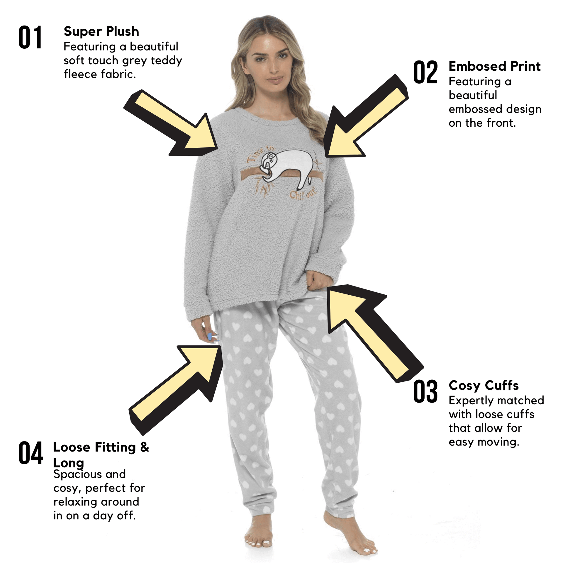 Daisy Dreamer Women's Sloth Teddy Fleece Pyjama Set Super Soft Warm Loungewear Cosy Winter