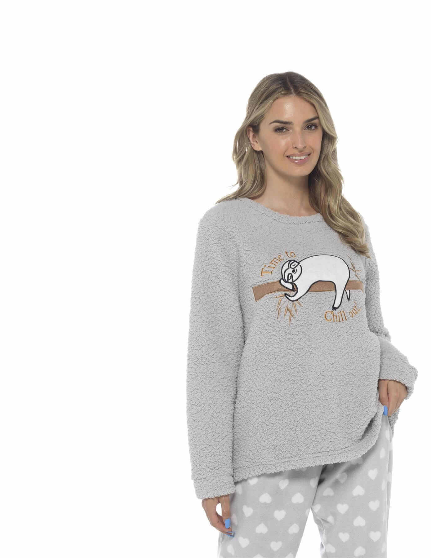 Daisy Dreamer Women's Sloth Teddy Fleece Pyjama Set Super Soft Warm Loungewear Cosy Winter