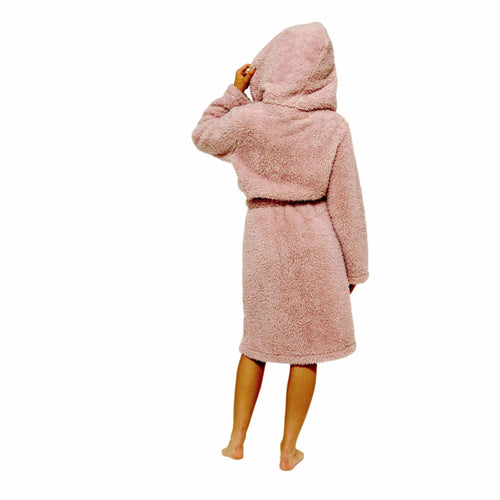 Daisy Dreamer Womens Dusky Pink Teddy Fleece Hooded Robe Bathrobe Ultra Soft Cosy Winter