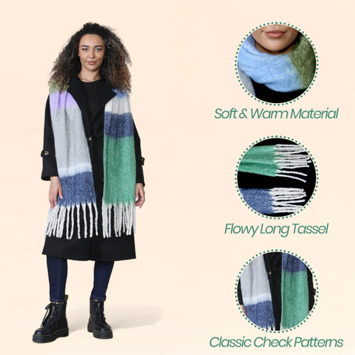 Daisy Dreamer Women's Green Blue Chunky Knit Plaid Blanket Scarf Long Winter Wrap