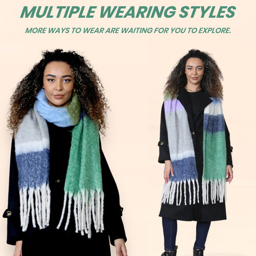 Daisy Dreamer Women's Green Blue Chunky Knit Plaid Blanket Scarf Long Winter Wrap