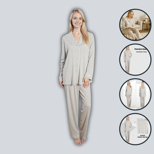 Daisy Dreamer Women's Grey Pyjama Set Soft Touch Long Sleeve Button Up Top and Bottoms