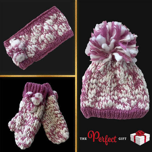 Sock Stack Women's Hand Knitted Daisy Pattern Winter Hat Headband Mittens Set In Red Breathable Cotton Rich Everyday Pack