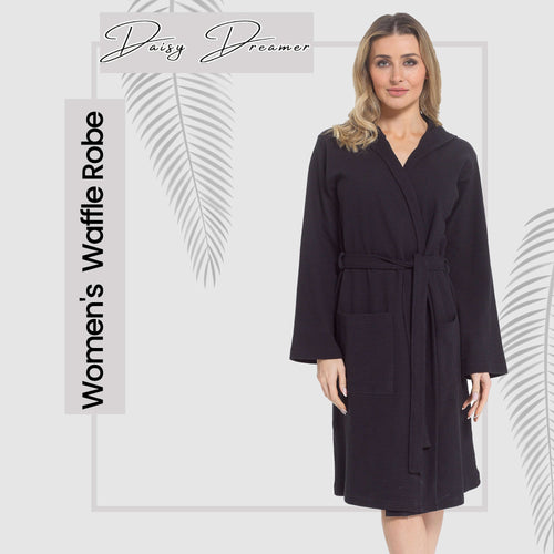 Daisy Dreamer Women's Hooded Waffle Cotton Bathrobe Black 100% Cotton Super Absorbent Spa
