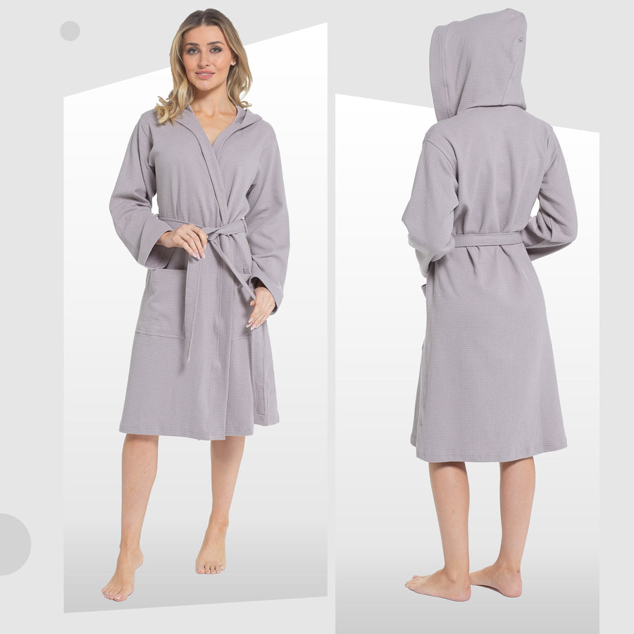 Daisy Dreamer Women's Hooded Waffle Cotton Bathrobe 100% Cotton Grey Super Absorbent