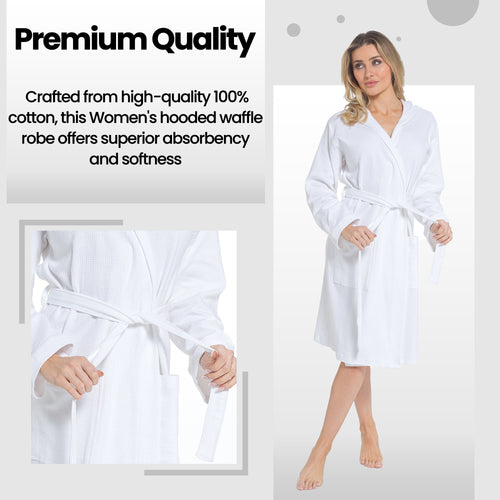 Daisy Dreamer Womens Hooded Waffle Cotton Bathrobe White 100% Cotton Super Absorbent Spa
