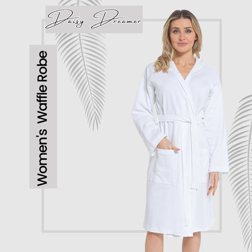 Daisy Dreamer Womens Hooded Waffle Cotton Bathrobe White 100% Cotton Super Absorbent Spa
