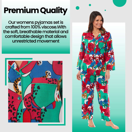 Daisy Dreamer Pyjama Set Women's Leopard Print Long Button Up Soft Breathable Viscose Easy-Care Cotton Rich Sleep Set