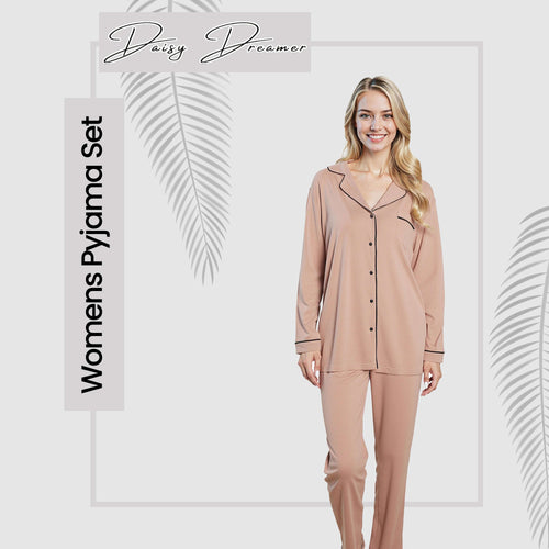 Daisy Dreamer Womens Natural Pyjama Set Soft Touch Fabric Long Sleeve Top Easy Care
