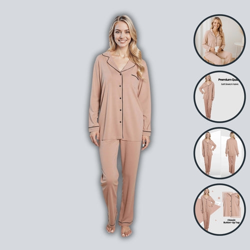 Daisy Dreamer Womens Natural Pyjama Set Soft Touch Fabric Long Sleeve Top Easy Care