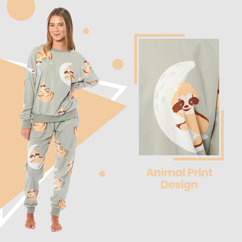 Daisy Dreamer Women's Sloth Fleece Pyjama Set Long Sleeve Animal Print Warm Sleepwear
