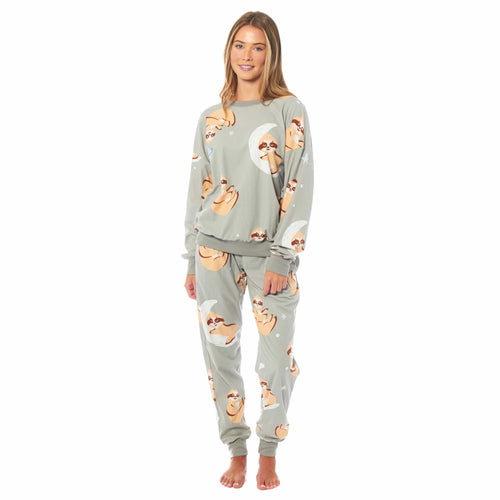 Daisy Dreamer Women's Sloth Fleece Pyjama Set Long Sleeve Animal Print Warm Sleepwear
