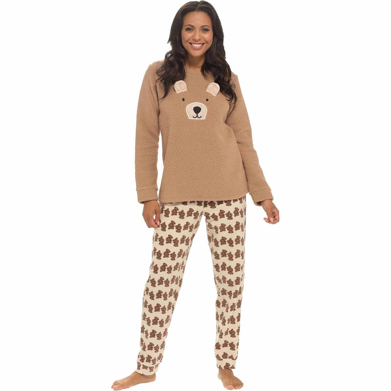 Daisy Dreamer Women's Teddy Bear Fleece Pyjama Set Long Sleeve Top Patterned Elastic