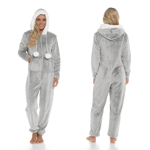 Daisy Dreamer Women's Shimmer Fleece Hooded Onesie Pyjama With Zip Pockets And Pompoms