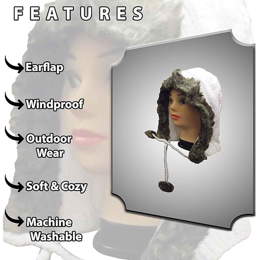Sock Stack Women's Winter Chunky Knit Hood Hat With Faux Fur Trim And Pom Poms Comfort Cuff Everyday Wear