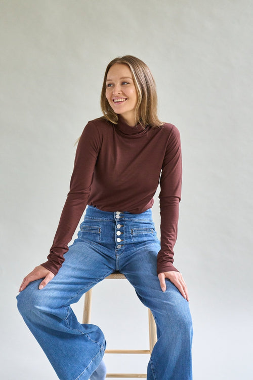 Womens Merino Polo Neck, Chocolate Brown