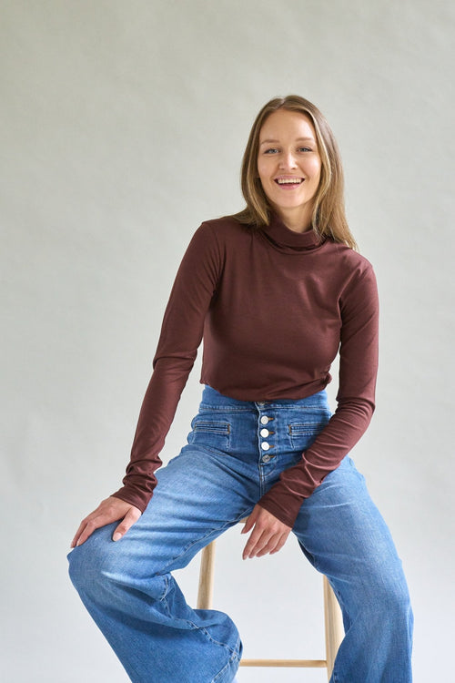 Womens Merino Polo Neck, Chocolate Brown