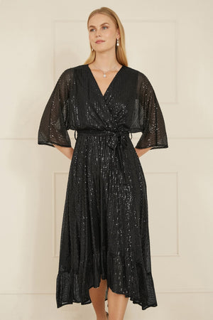 Yumi Black Sequin Kimono Midi Wrap Dress