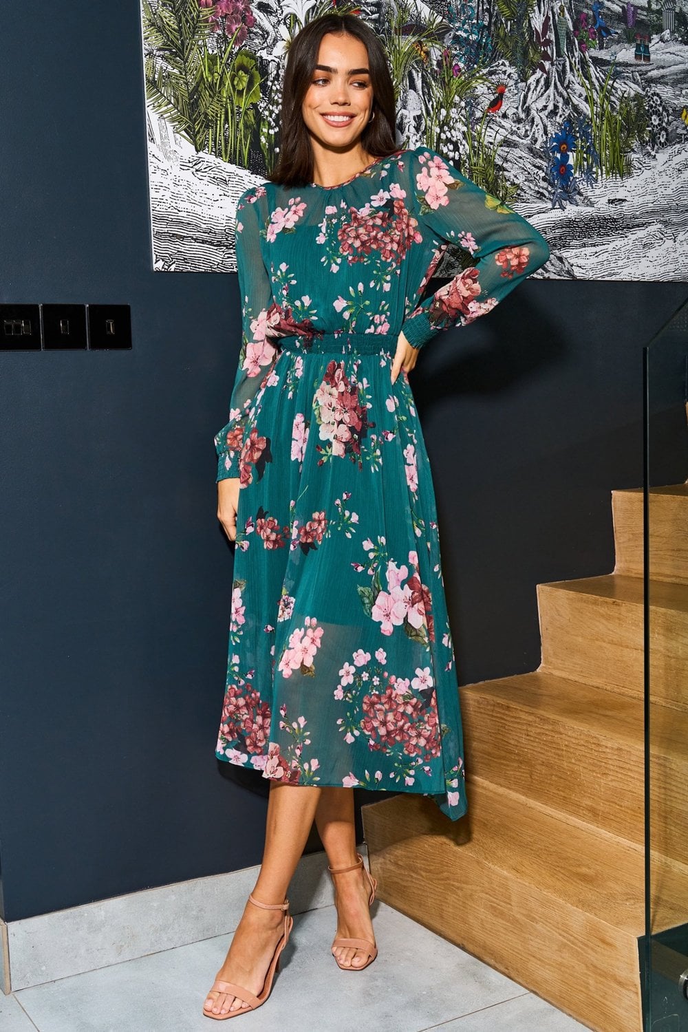 Yumi Urban Touch Green Floral Print Long Sleeve Dress