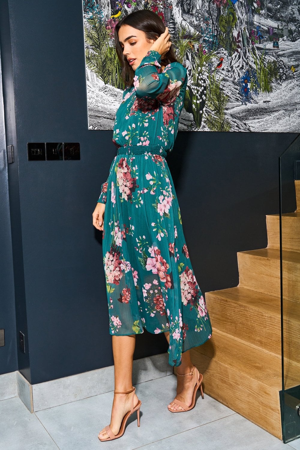 Yumi Urban Touch Green Floral Print Long Sleeve Dress
