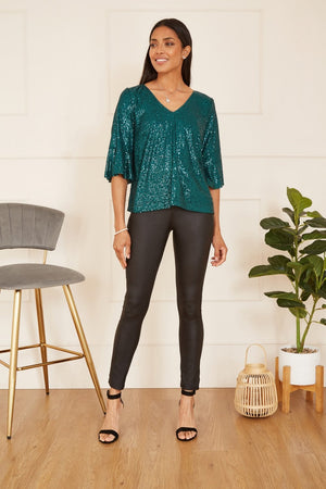 Yumi Green Sequin Top With Fluted Sleeve