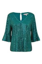 Yumi Green Sequin Top With Fluted Sleeve