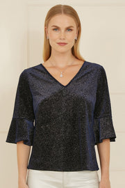 Yumi Navy Sparkle Velvet Relaxed Fit Top With Fluted Sleeves