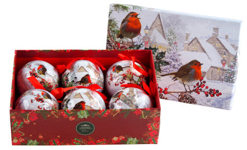 Christmas Robin Baubles in a Keepsake Box  Set of 6