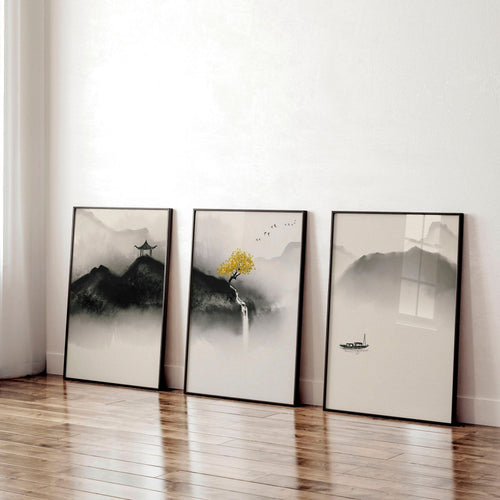 Japanese pagoda | set of 3 wall art for home office decor
