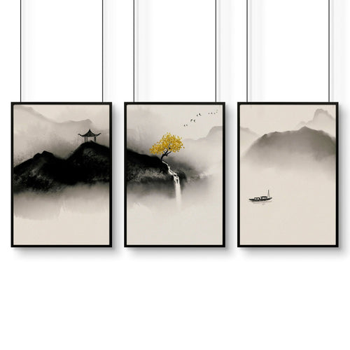 Japanese pagoda | set of 3 wall art for home office decor